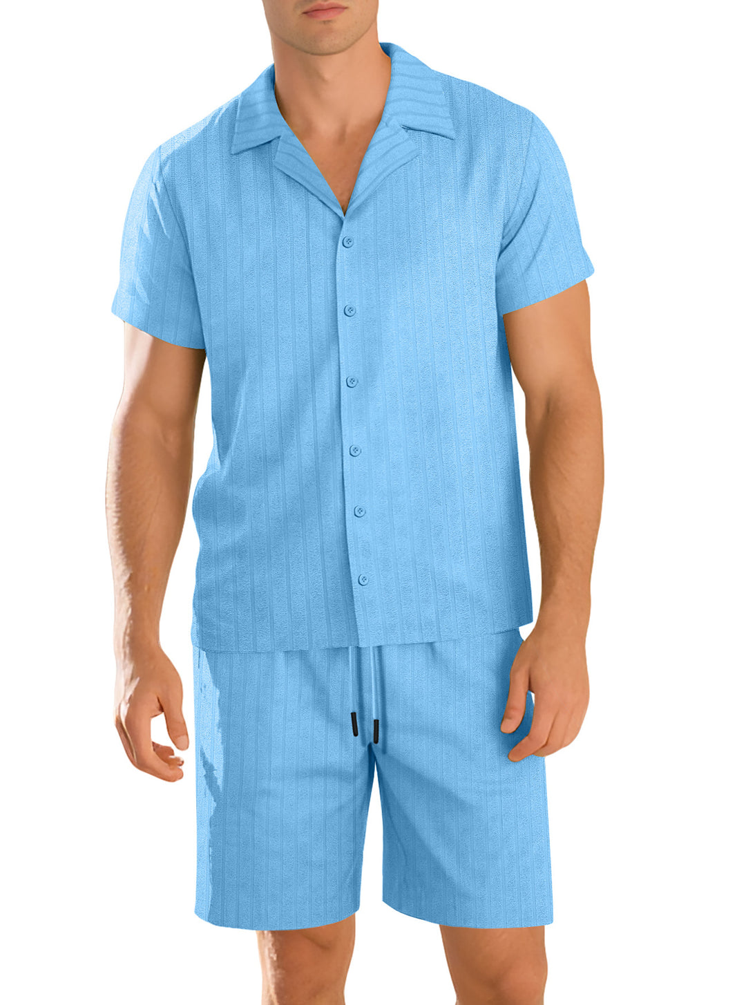 Men's ribbed knit lounge set with lapel collar short-sleeve shirt and comfort bermuda Mune Fashion