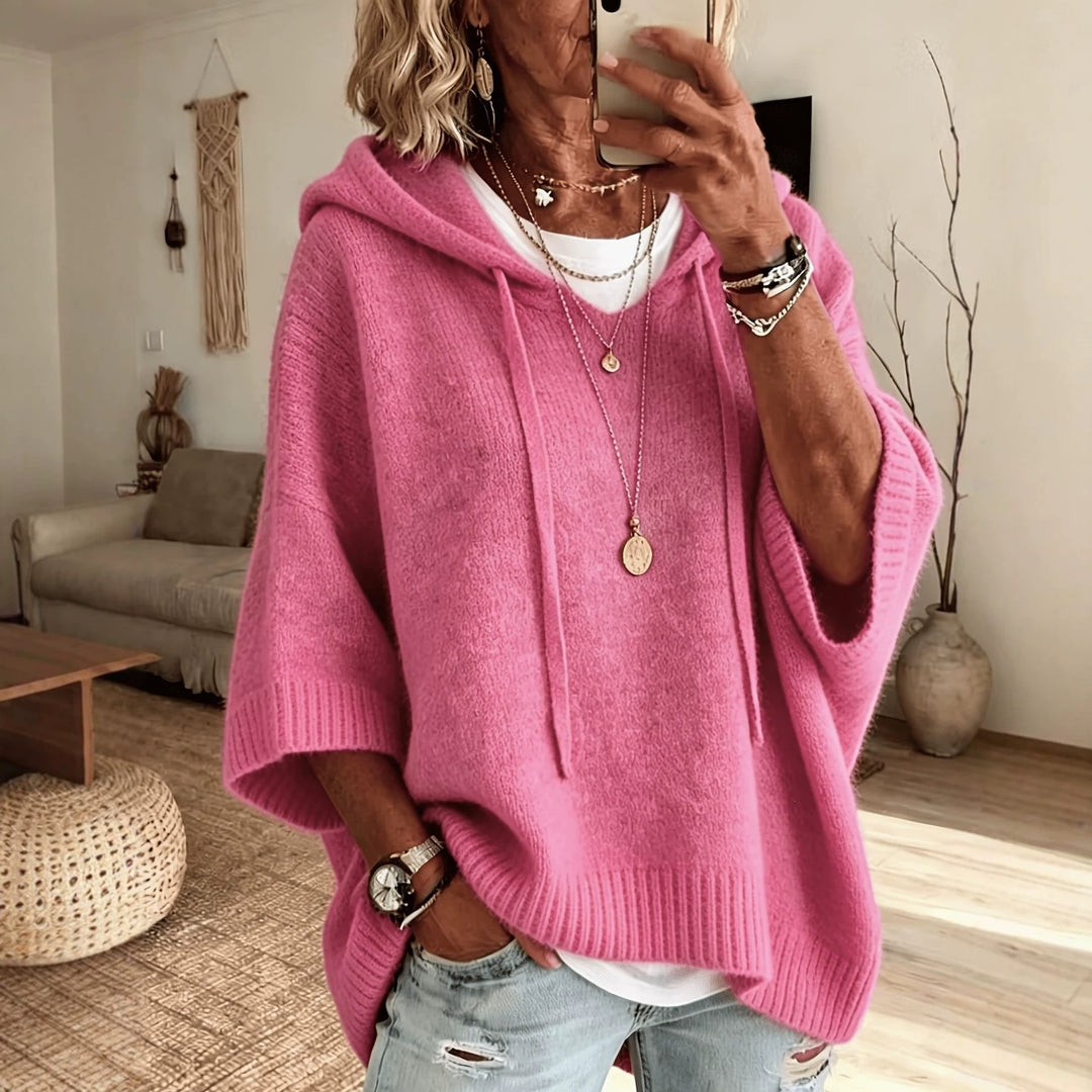 Ladies Oversized Knit Poncho with Hood, Batwing Sleeves and Side Slits Mune Fashion