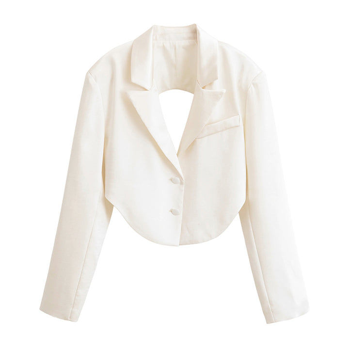 Ladies Cropped Short Blazer with Rounded Hem and Lapel Collar Mune Fashion