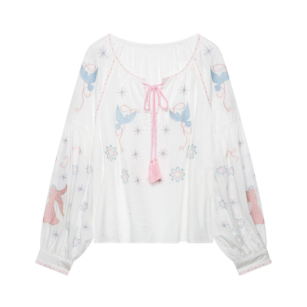Women Embroidered Airy Boho Tunic with Tassel Band and Balloon Sleeves Mune Fashion