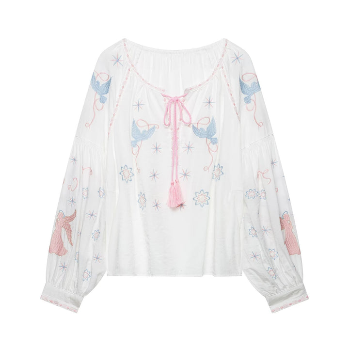 Women Embroidered Airy Boho Tunic with Tassel Band and Balloon Sleeves Mune Fashion