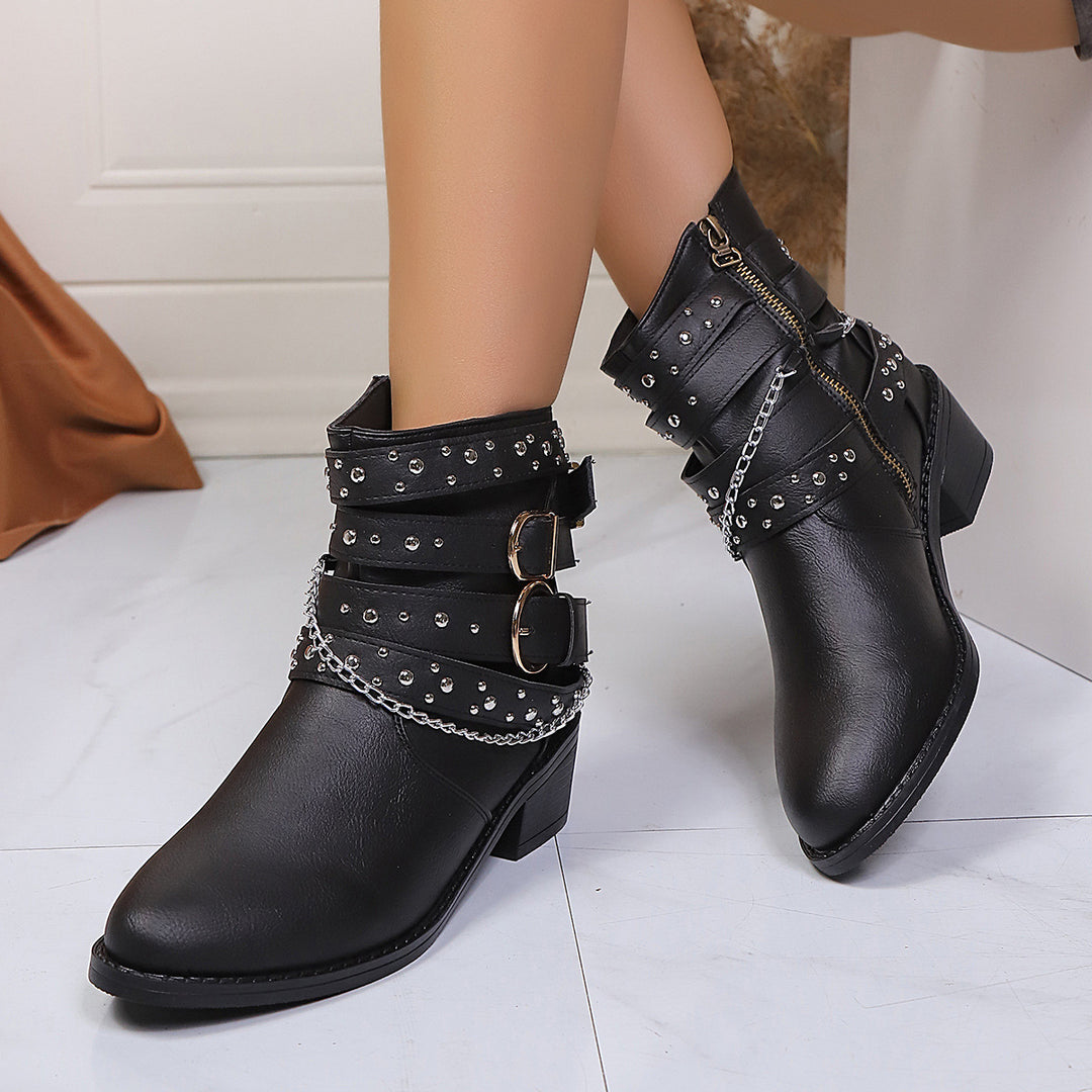 Women’s Studded Ankle Boots with Chain and Buckle Details Mune Fashion