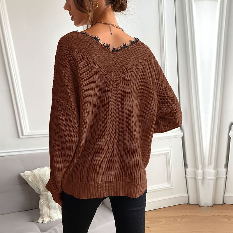 Women's Oversize V-Neck Fine Knit Sweater with Dropped Shoulder and Ribbed Cuffs Mune Fashion