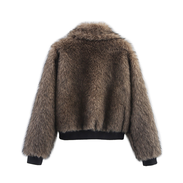 Women's short teddy bomber jacket with large shawl collar, zipper, and ribbed hem Mune Fashion