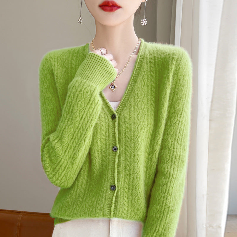 Women's Short Cable Knit Cardigan in Mohair Look with V-Neck and Ribbed Cuffs Mune Fashion