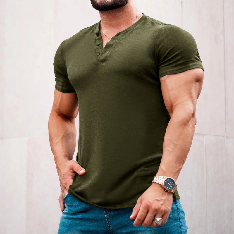 Men's muscle-fitting short-sleeve shirt with button placket and V-neck made of cotton stretch Mune Fashion