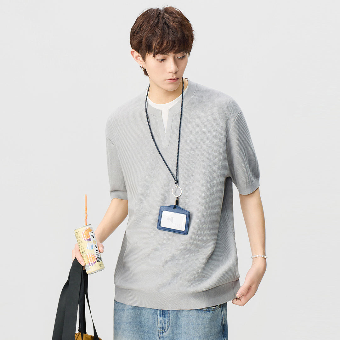 Herren Kurzarm-Strickshirt mit strukturierter Waffeloptik und V-Notch-Kragen Mune Fashion
