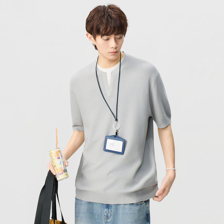 Herren Kurzarm-Strickshirt mit strukturierter Waffeloptik und V-Notch-Kragen Mune Fashion