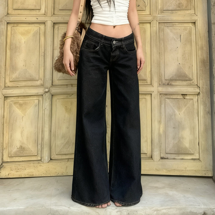 Ladies wide high-waist jeans with wide leg, high waistband and contrast stitching Mune Fashion