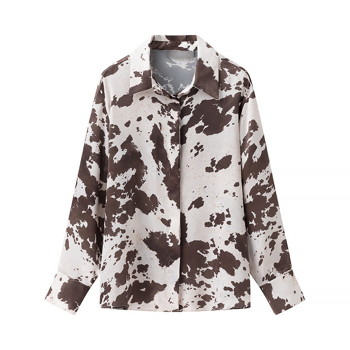 Women Oversized Shirt Blouse with Cow Spot Print, Concealed Button Placket and Loose Fit Mune Fashion