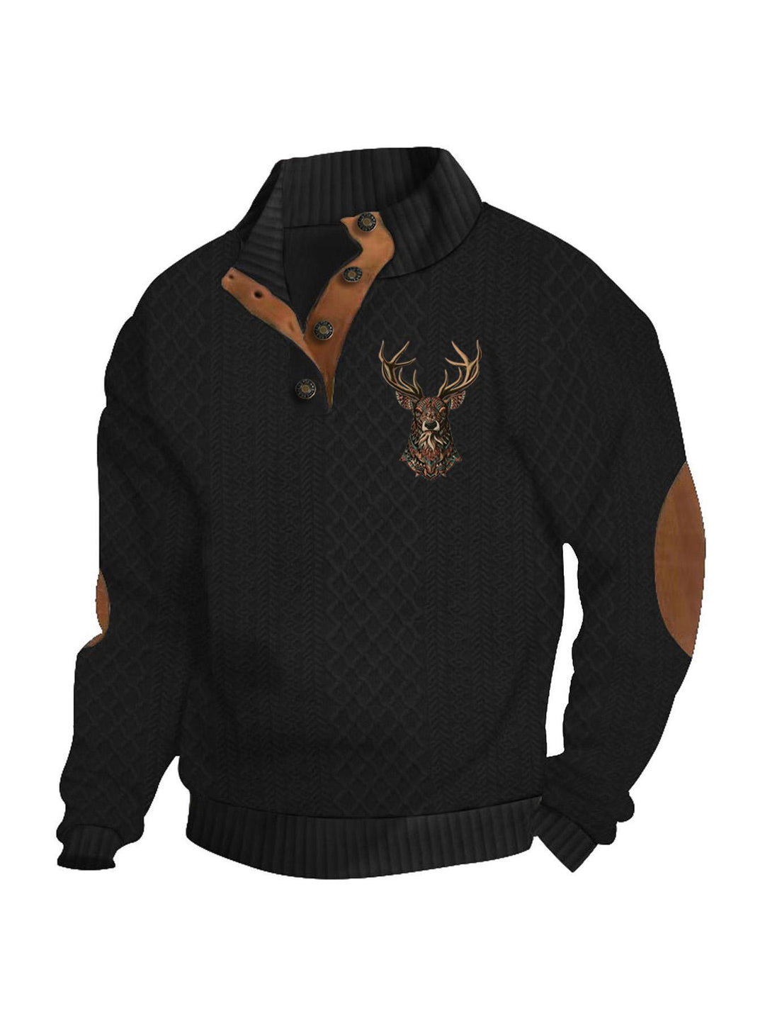 Men's nan Heritage textured pullover with stand-up collar faux leather trim elbow patches and half-button placket Mune Fashion