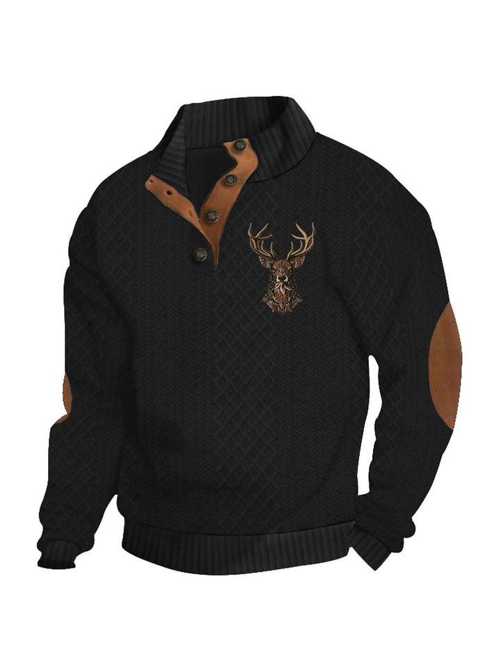 Men's nan Heritage textured pullover with stand-up collar faux leather trim elbow patches and half-button placket Mune Fashion