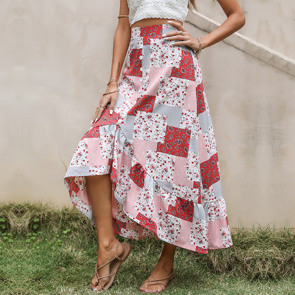 Ladies Patchwork Midi Skirt with Button Placket and Asymmetrical Ruffle Mune Fashion