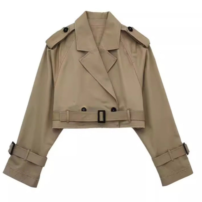 Women's Cropped Trench Coat with Waist Belt, Epaulettes, and Adjustable Sleeve Straps Mune Fashion