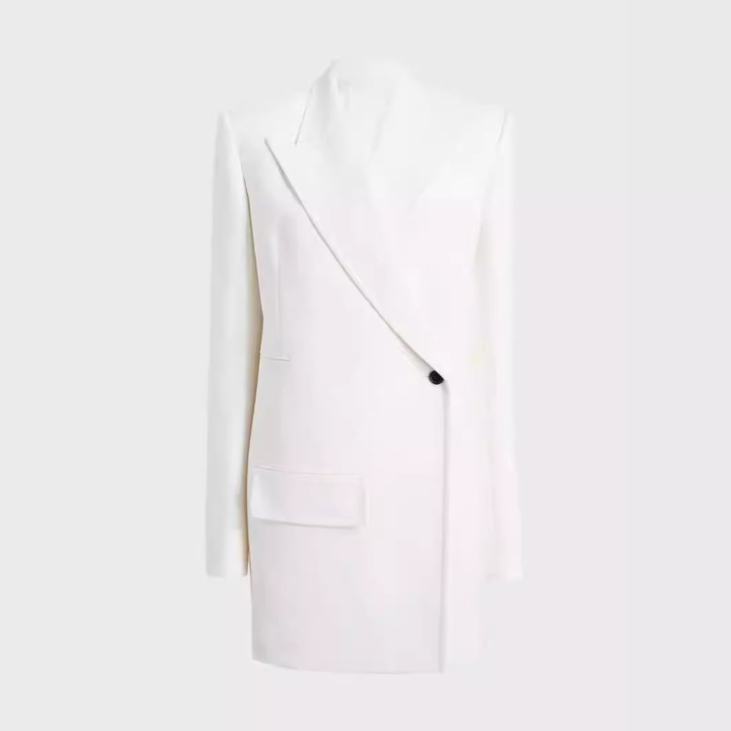 Women Minimalist Long Blazer with Asymmetric Single-Button Front and Clean Longline Cut Mune Fashion
