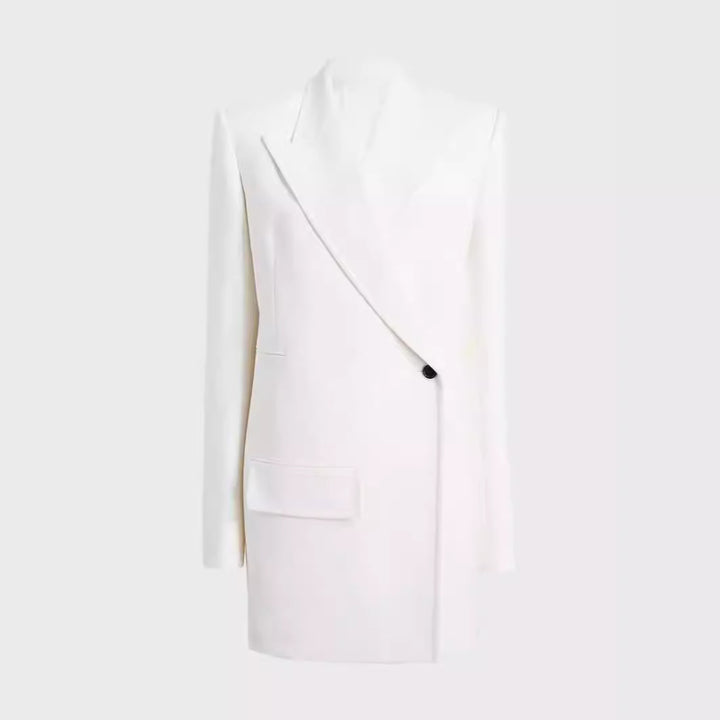 Women Minimalist Long Blazer with Asymmetric Single-Button Front and Clean Longline Cut Mune Fashion