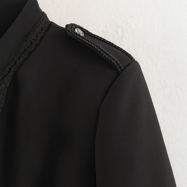 Women's Short Military-Style Blazer with Cord Decoration, Stand Collar and Decorative Frog Buttons Mune Fashion