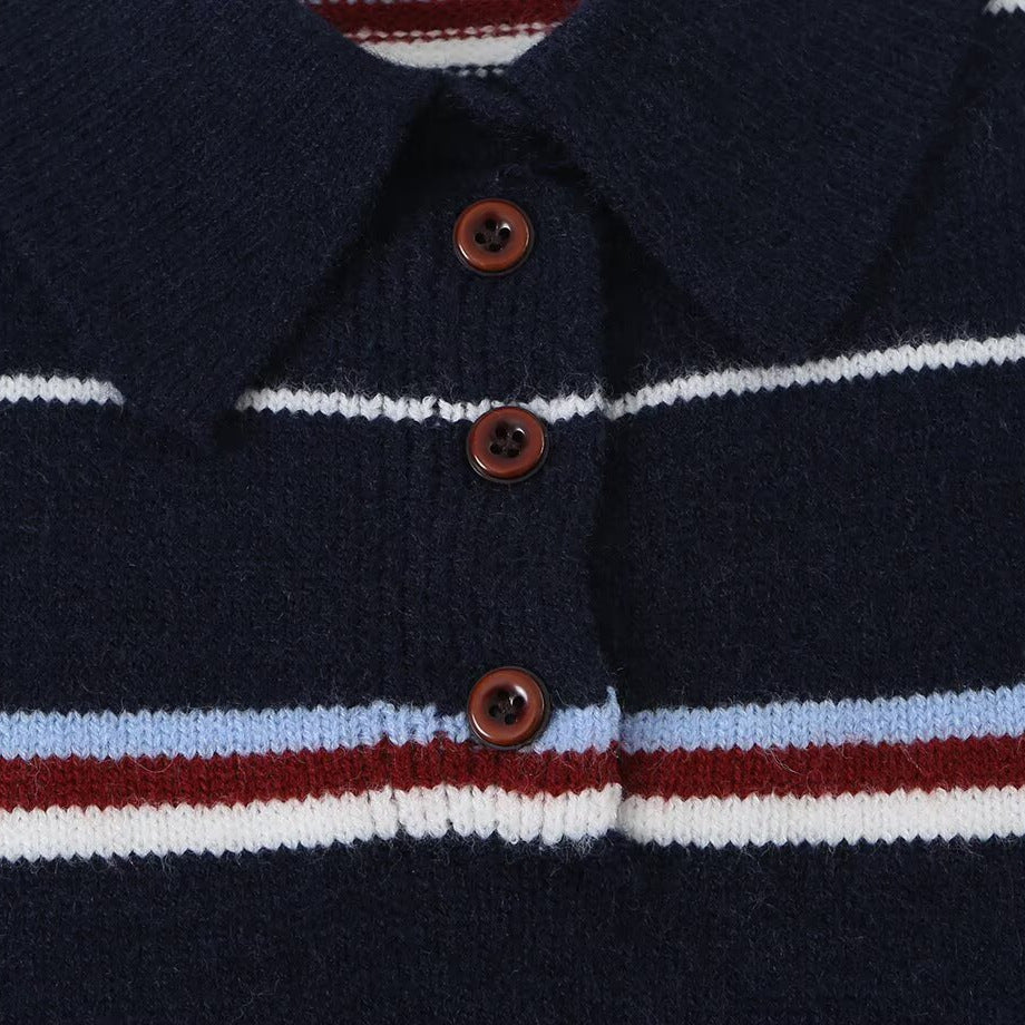 Women's Striped Knit Polo Sweater with Short Button Placket and Ribbed Cuffs Mune Fashion
