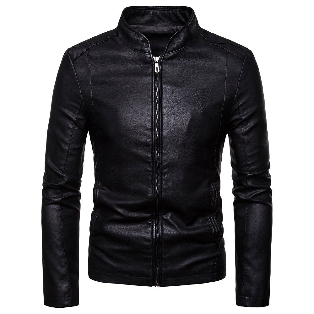 Men's narrow cut lamb leather biker jacket with stand-up collar and tonal decorative stitching Mune Fashion