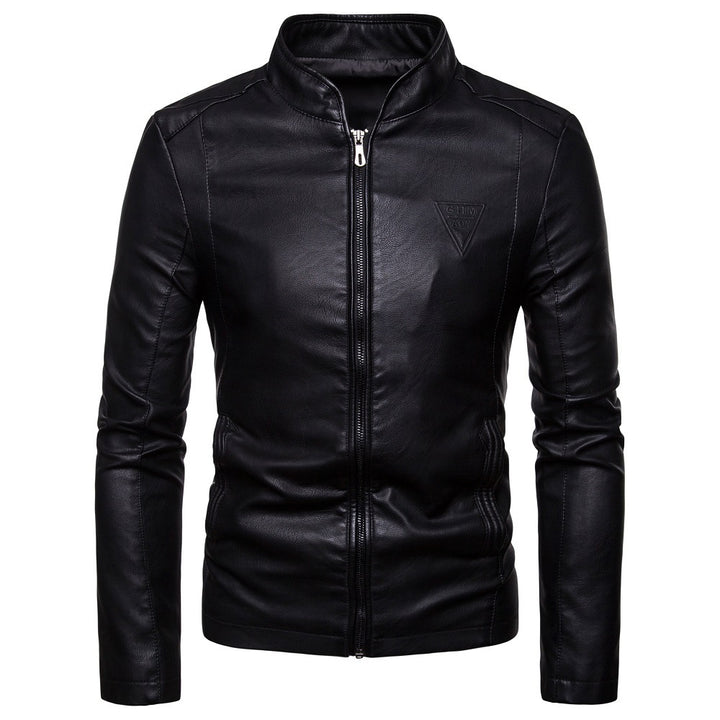 Men's narrow cut lamb leather biker jacket with stand-up collar and tonal decorative stitching Mune Fashion