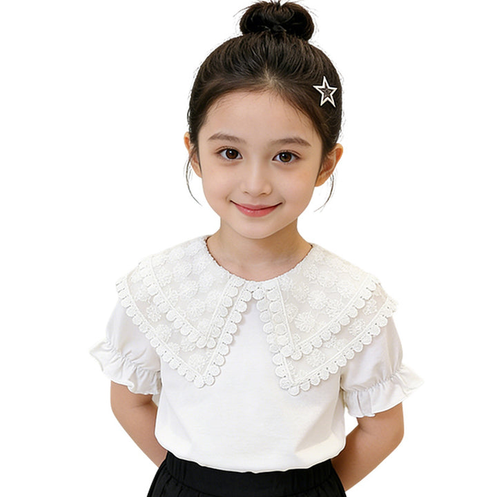 Girls T-shirt with romantic lace collar and ruffle details Mune Fashion