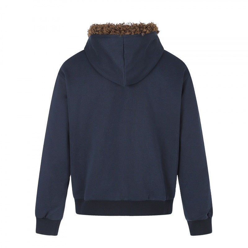 Men's hoodie jacket with vintage flag print, faux fur hood and two-way zipper Mune Fashion