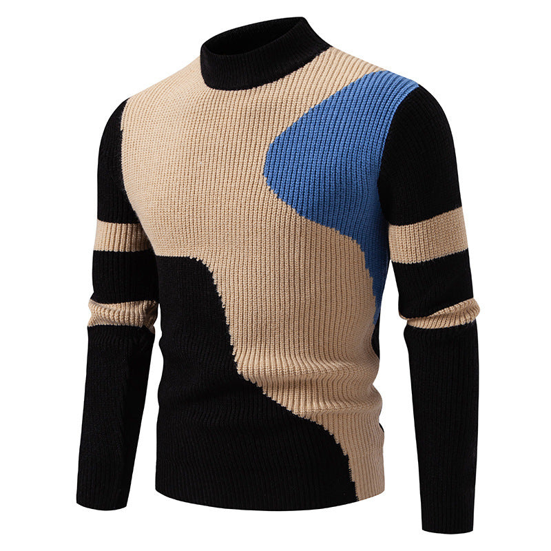 Men's fine ribbed knitted pullover with stand-up collar and contrast block design Mune Fashion
