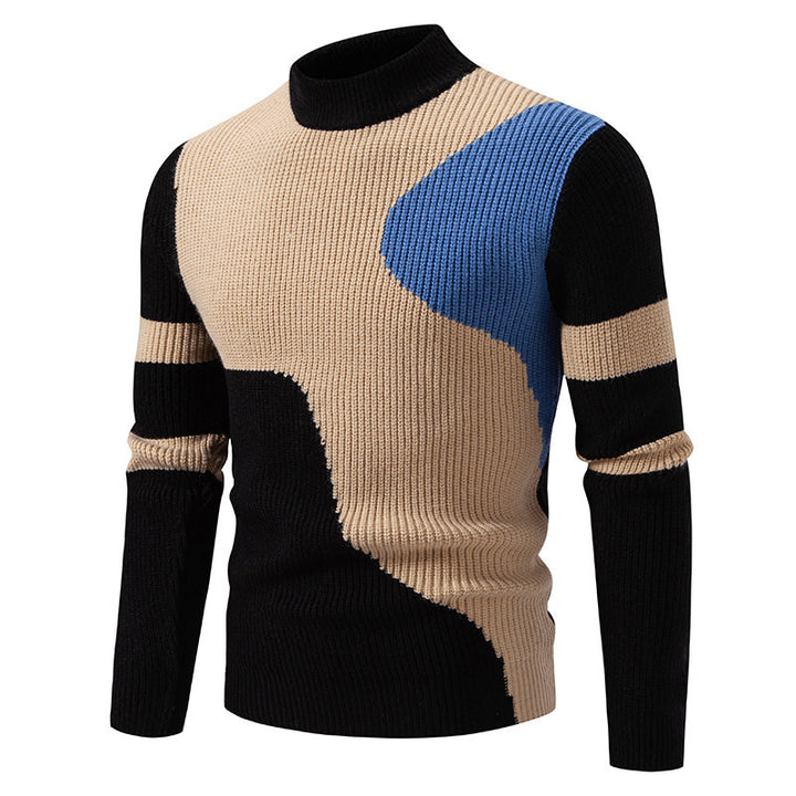 Men's fine ribbed knitted pullover with stand-up collar and contrast block design Mune Fashion