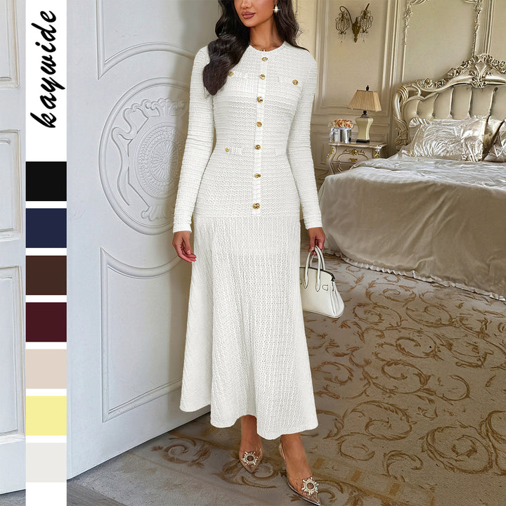 Women's fitted maxi knitted dress with button placket and decorative buttons Mune Fashion