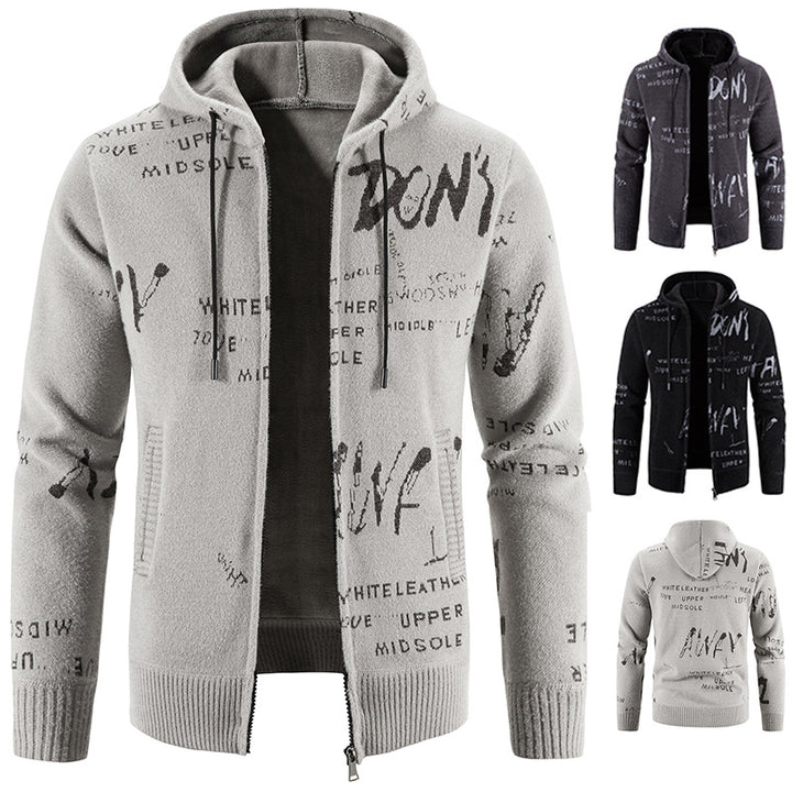 Men's knitted hooded jacket with full-length zipper, graphic all-over print, and side pockets Mune Fashion