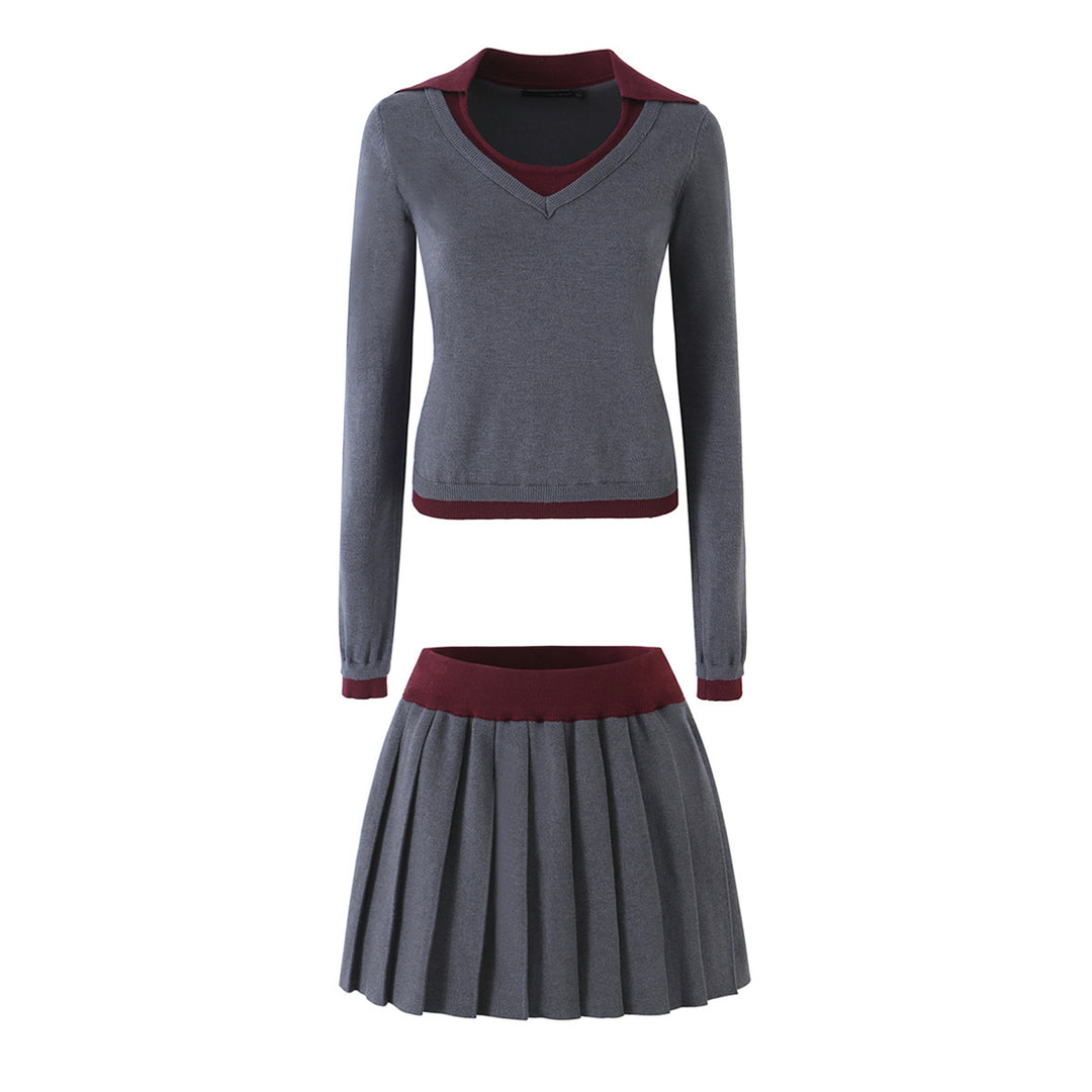 Women’s Two-Piece Fine Knit Set with V-Neck, Contrasting Collar and Pleated Mini Skirt Mune Fashion