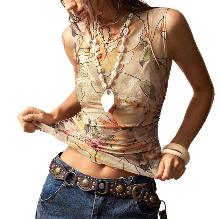 Ladies' figure-hugging mesh top with floral watercolor print, stand-up collar and side gathering Mune Fashion