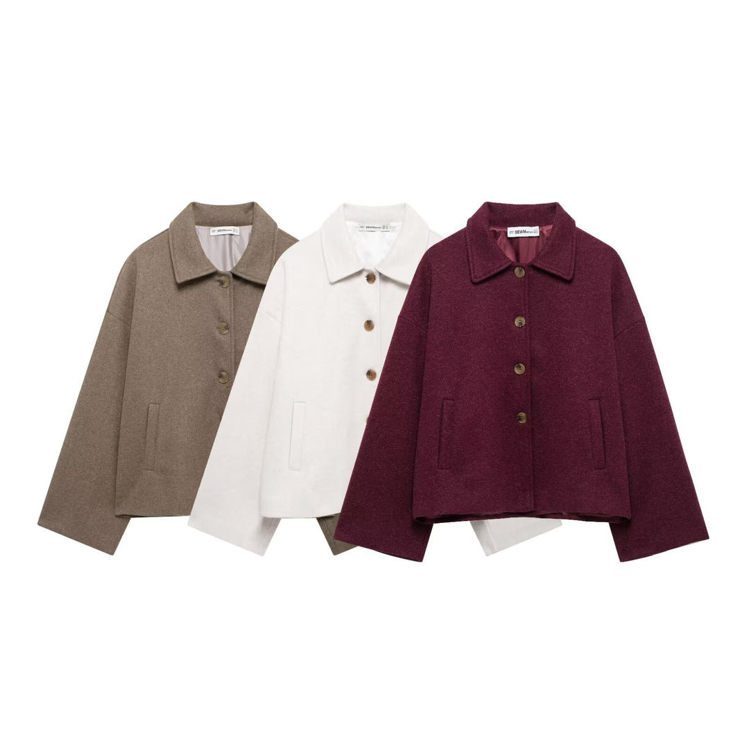 Women's short casual wool jacket with shirt collar, full button placket, and inset side pockets Mune Fashion
