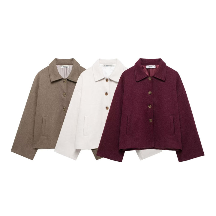 Women's short casual wool jacket with shirt collar, full button placket, and inset side pockets Mune Fashion