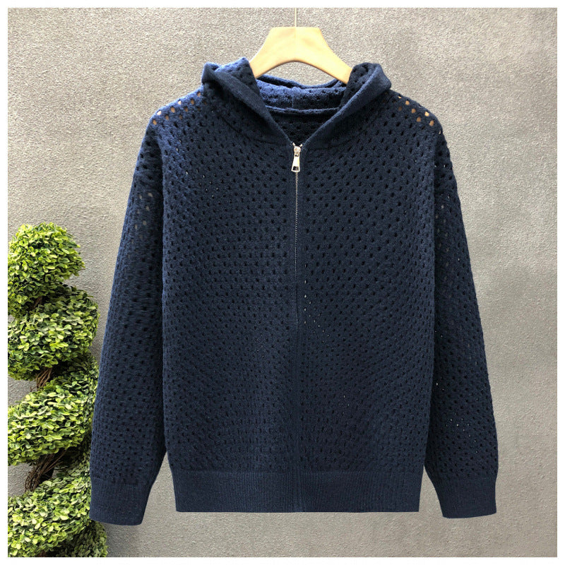 Unisex Light Openwork Knit Hooded Zip Jacket with Eyelet Pattern Mune Fashion