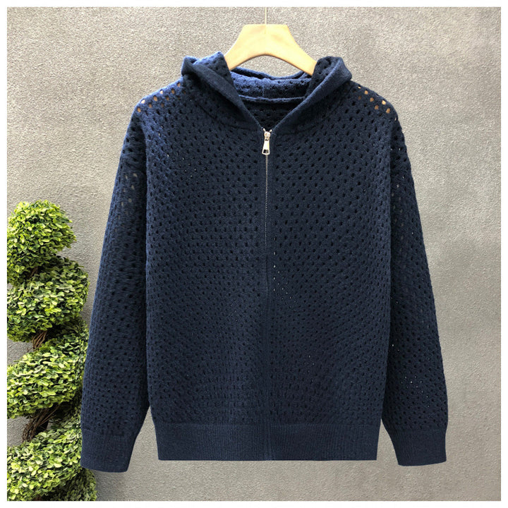 Unisex Light Openwork Knit Hooded Zip Jacket with Eyelet Pattern Mune Fashion