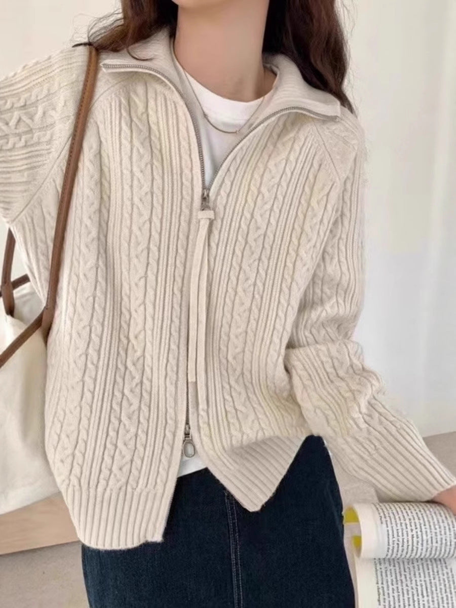 Women's Kastiger Cable Knit Cardigan with Two-Way Zipper, Stand Collar and Wide Ribbed Hem Mune Fashion