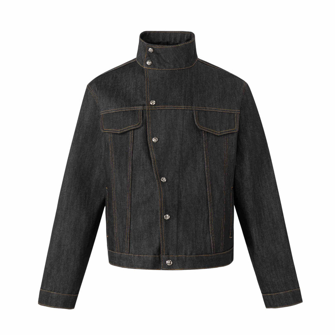 Unisex Short Cut Denim Jacket with High Stand-Up Collar and Decorative Seams Mune Fashion