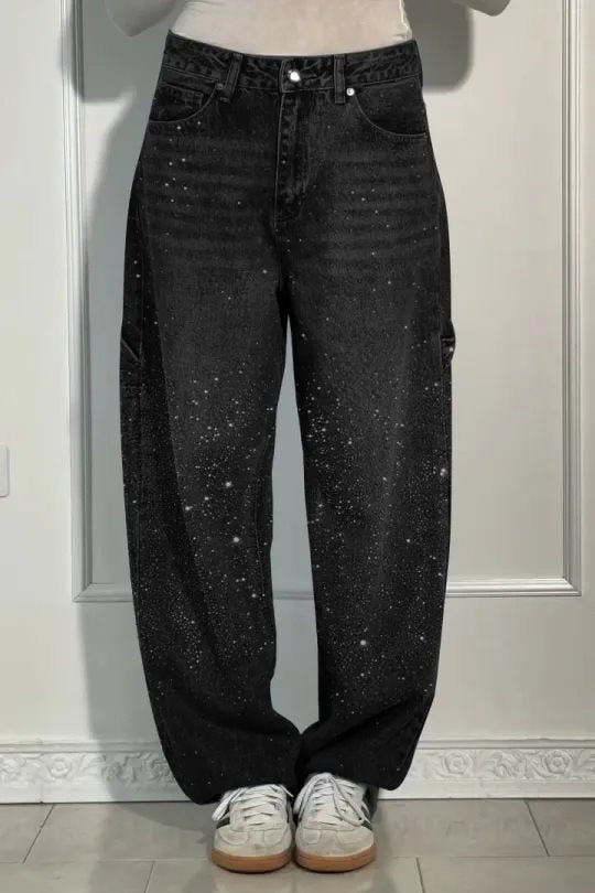 Women's High-Waist Jeans in loose Cargo cut with sparkling rhinestone trim Mune Fashion
