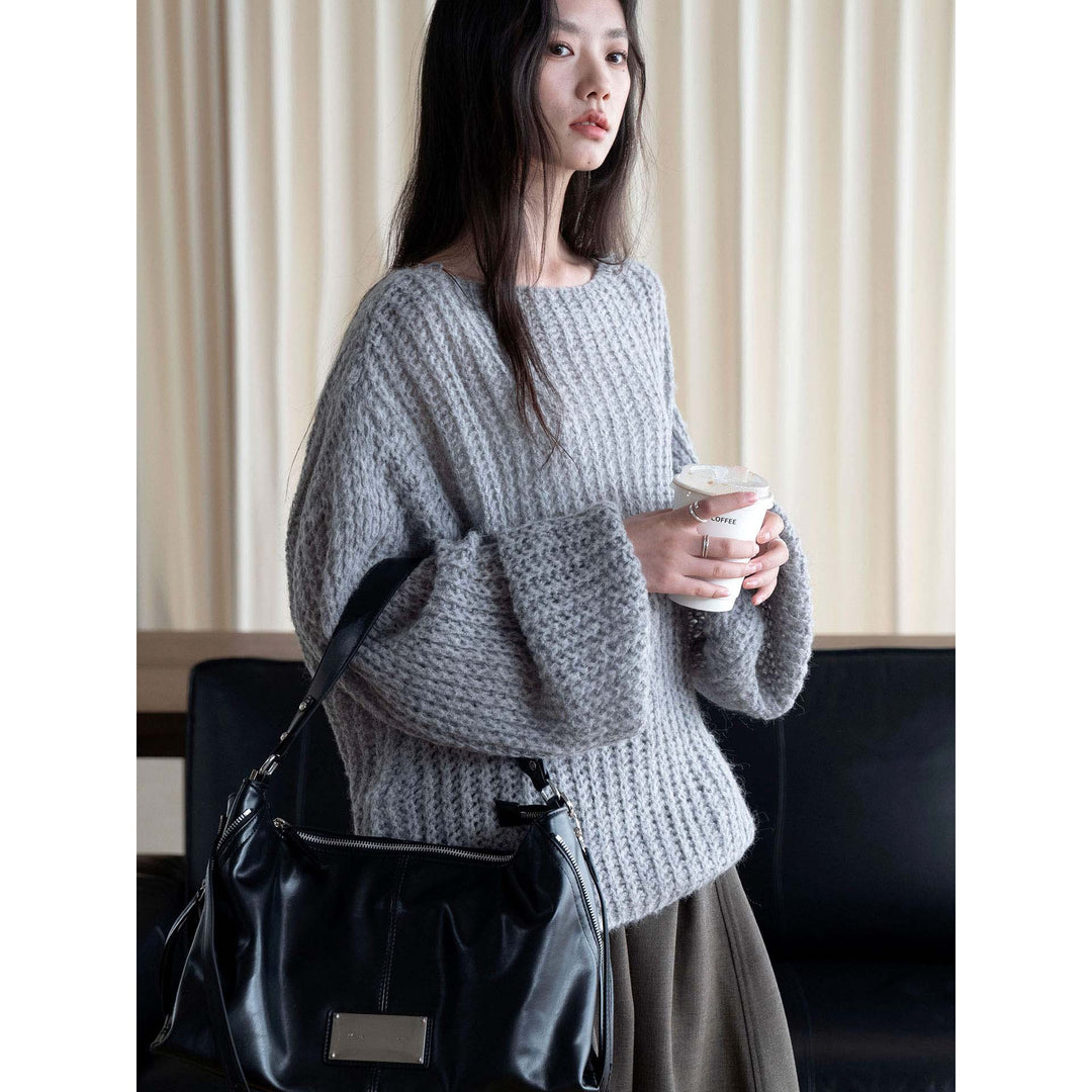 Women Oversize Chunky Knit Sweater with Boat Neck and Cozy Mohair Look Mune Fashion
