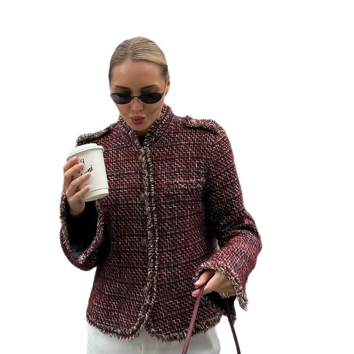 Women's Short Boucle Tweed Jacket with Fringe Trim and Decorative Buttons Mune Fashion