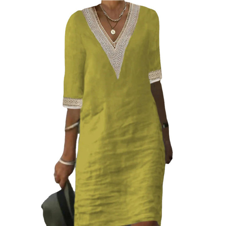 Women's Lightweight Linen Midi Dress with V-Neck and Crochet Lace Trim Mune Fashion