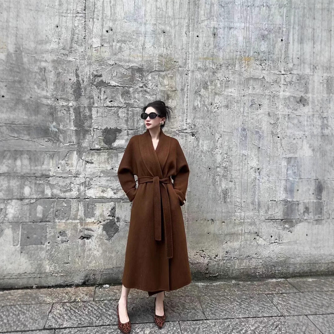 Ladies Mid-length Wrap Coat with Tied Belt and Shawl Collar Mune Fashion