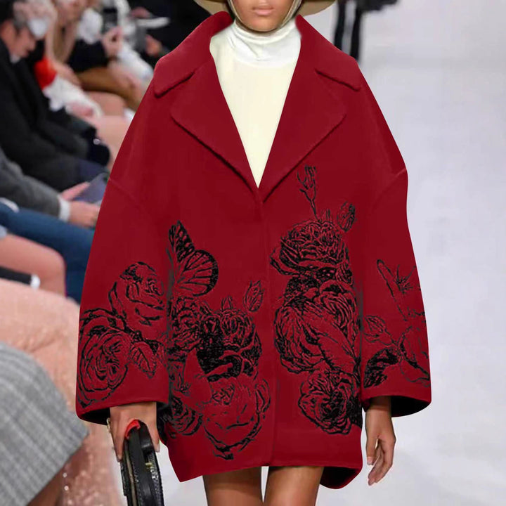 Ladies Oversized Wool Blend Coat with Floral Print and Embroidery Look Mune Fashion