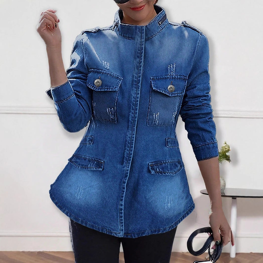 Women tailored denim jacket in military style with stand-up collar and flap pockets Mune Fashion