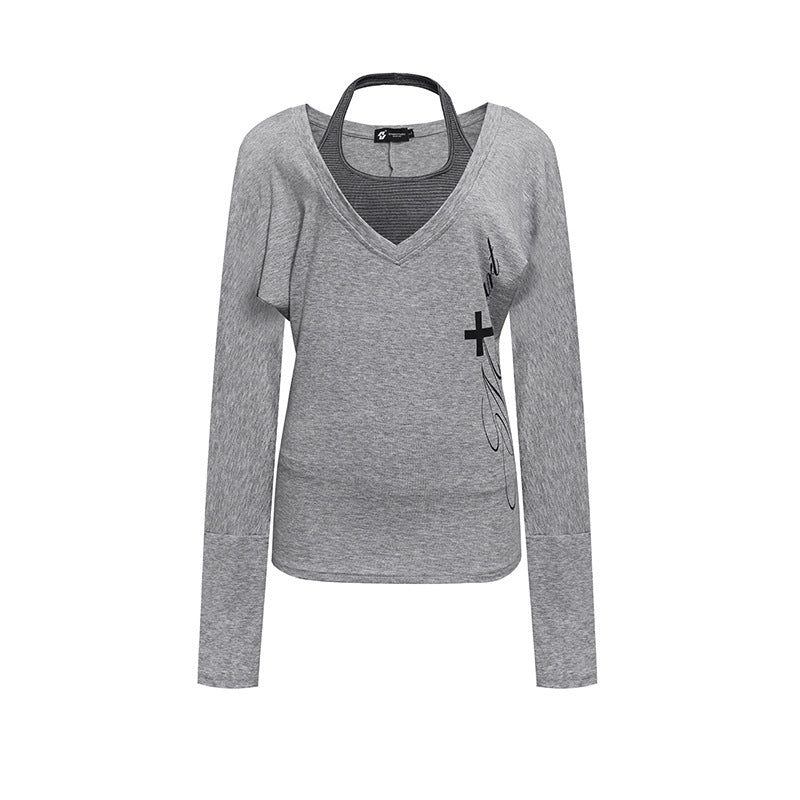 Women's layer long-sleeve shirt with deep V-neck, halter inner layer and side script print Mune Fashion