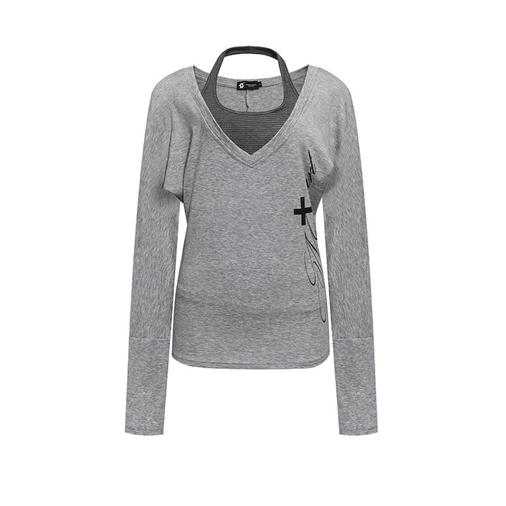 Women's layer long-sleeve shirt with deep V-neck, halter inner layer and side script print Mune Fashion