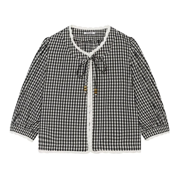 Ladies Vichy Check Blouse with Lace Trim, Tie Band and Three-Quarter Balloon Sleeves Mune Fashion