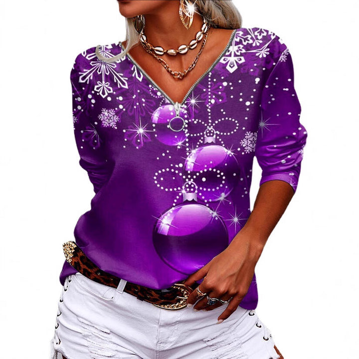 Women's Casual V-Neck Long Sleeve with Festive Ball and Snowflake Print Mune Fashion