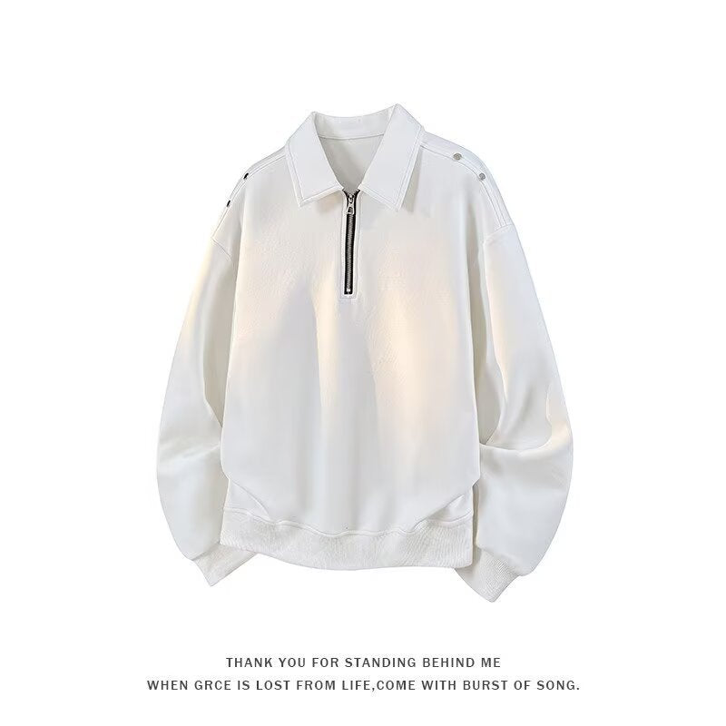 Men's Oversized Sweatshirt with Zip Collar and Snap Button Shoulder Detail Mune Fashion